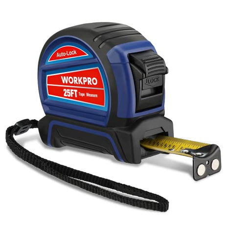 WORKPRO Auto-Lock Tape Measure 25 FT, Tape Measure with Fractions Every 1/8" and 1/32" Accuracy, Quick Read, Nylon Coated with Magnetic Hook, WORKPRO
