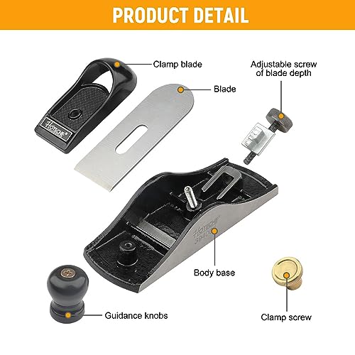 Hoteche 7-Inch Block Plane - Fully Adjustable 1-5/8-Inch Alloy Steel Blade, Fine Finished Bottom, and Sides, Precision Casting for Smooth Surfaces - WoodArtSupply