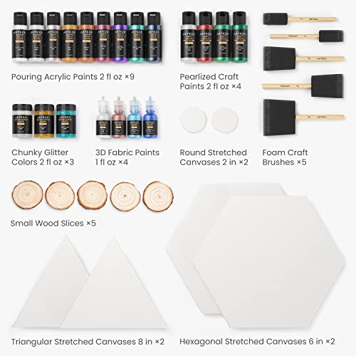 ARTEZA Acrylic Pouring Paint Kit, 36 Pieces, Bright and Iridescent Pouring Paint, Pearlized Paint, 3D Fabric Paint, Chunky Glitter, Wood Slices, ARTEZA