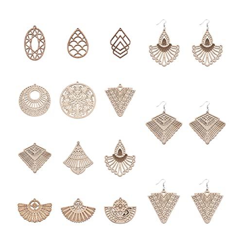 48pcs Unfinished Wooden Filigree Earring Making Kits 12 Styles Undyed Natural Wood Antique Hollow Dangle Charm Beads for DIY Earrings Pendants Making PandaHall