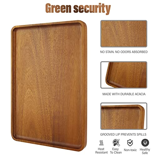 2 PCS Solid Acacia Wood Serving Trays Rectangular Wooden Serving Platters Natural Wooden Boards for Bar Coffee Party 13 * 9 inch Charmlife