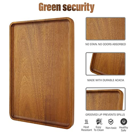 2 PCS Solid Acacia Wood Serving Trays Rectangular Wooden Serving Platters Natural Wooden Boards for Bar Coffee Party 13 * 9 inch Charmlife