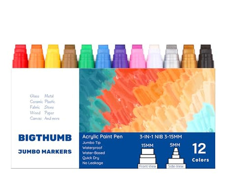 BIGTHUMB Jumbo Graffiti Poster Markers Set: 12 Colors Large15mm Wide Tip Permanent Ink Thick Acrylic Paint Pens for Rock Painting, Stone, Glass, BIGTHUMB