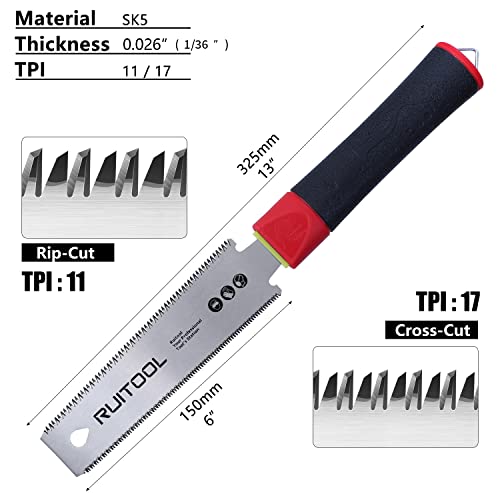 RUITOOL Japanese Hand Saw 6 Inch Pull Saw Double Edge SK5 Flexible Blade 11/17 TPI Non-slip Handle Flush Cut Saw Wood Saw for Woodworking Tools - WoodArtSupply