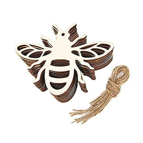 Creaides 20pcs Bee Wood DIY Crafts Cutouts Wooden Honeybee Shaped Hanging Ornaments with Hole Hemp Ropes Gift Tags for Spring Summer Bee Festival Creaides