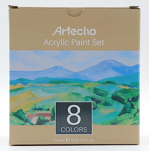Artecho Professional Acrylic Paint Set, 8 Primary Colors (120ml / 4.05oz) Tubes, Art Craft Paints for Canvas, Rock, Stone, Wood, Fabric, Art Supplies Artecho