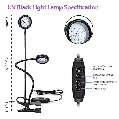 LEDLampsWorld USB UV Black Light Dual Head, 10W 395nm-405nm LED UV Lamp with Clamp, Gooseneck UV Light for Resin Curing, Blacklight Poster,