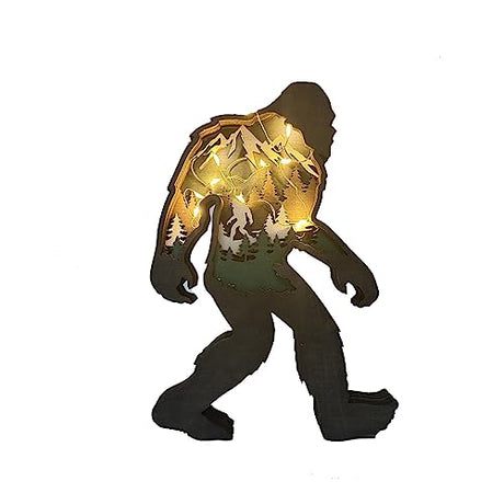 Sasquatch Figurine Decor, Wooden Centerpiece Bigfoot Decorations, 3D Multilayer Wildlife Wall Art Carved Bigfoot Decor, Wooden Yeti Figurine for Edlike