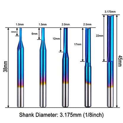 AnoleX CNC Router Bit Kits, 1/8” Shank Straight CNC Bits Nano Blue Coating Carbide Engraving Tool End Milling Cutter| 1/1.5/2/2.5/3.175mm, 10PCS - WoodArtSupply