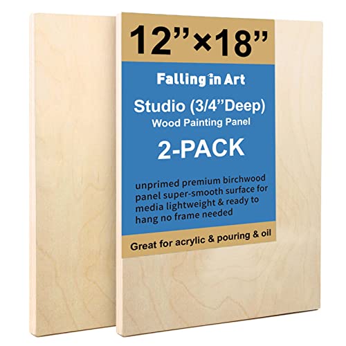 Falling in Art Unfinished Birch Wood Panels Kit for Painting, Wooden Canvas 2 Pack of 12x18 Studio 3/4" Deep, Cradle Boards for Pouring, Art, Crafts, Falling in Art
