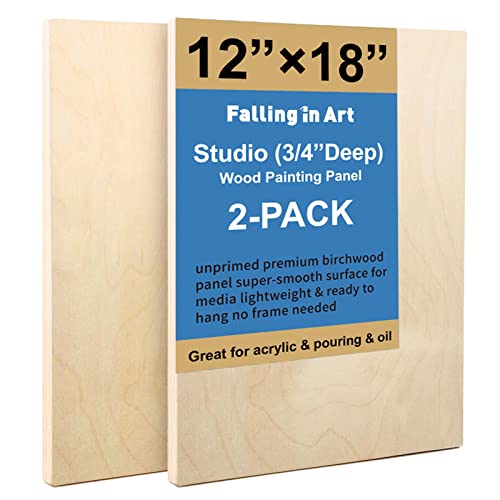 Falling in Art Unfinished Birch Wood Panels Kit for Painting, Wooden Canvas 2 Pack of 12x18 Studio 3/4" Deep, Cradle Boards for Pouring, Art, Crafts, - WoodArtSupply