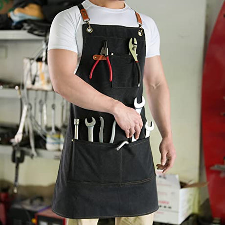 Aoomzoon Canvas Aprons for Men Chef Apron, Work Apron with Large Pockets - Durable 16oz Heavy Duty Cross Back, BBQ, Cooking (Black②, 1 Pack) Aoomzoon