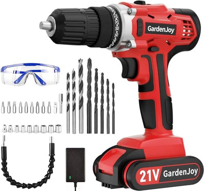 GardenJoy 21V Cordless Power Drill - Electric Drill Set with Battery and Fast Charger, 30pcs Drill/Driver Bits, 2 Variable Speed, 3/8" Keyless Chuck,