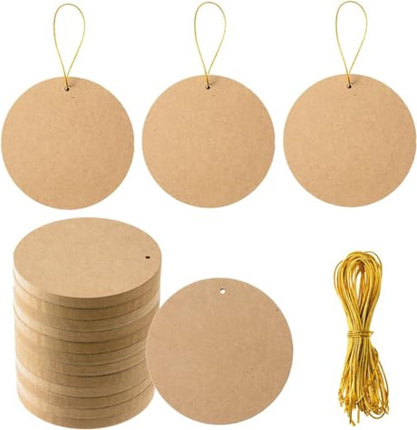36 Pcs Wooden Christmas Ornaments Unfinished MDF Wood Round Cutouts with Hole 3.9 Inch Blank Round Wood Discs Slices with Twine for DIY Crafts Xmas FOBSME