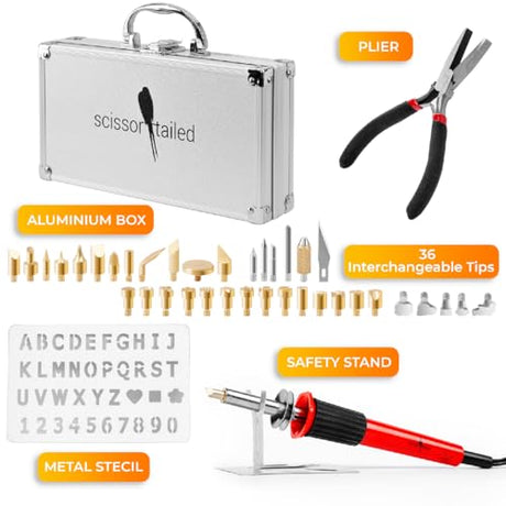 Premium Wood Burning Kit 42PCS | 36Tips, Adjustable Temperature Pen With Safety Stand, Metal Stencil&Pliers.Free Deluxe Case & How To. Complete Gift Scissor-Tailed