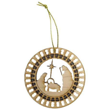 Unfinished Wood Circular Detailed Holiday Ornament, Wooden Nativity Manger Scene with North Star, Religious Family Christmas Ornaments for Trees or Needzo