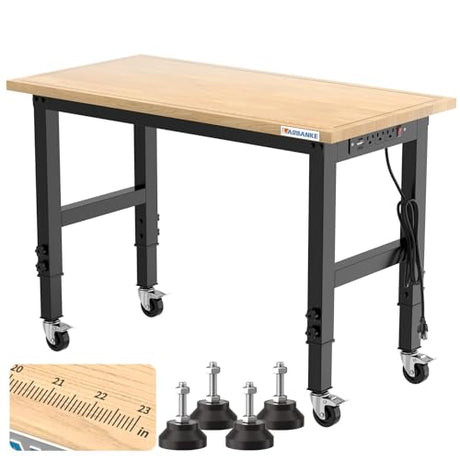 LARBANKE 48" Adjustable Workbench,Rubber Wood Workstation with Graduated Lines,Heights from 33.5” to 41.3”,2000 LBS Load Capacity Hardwood LARBANKE