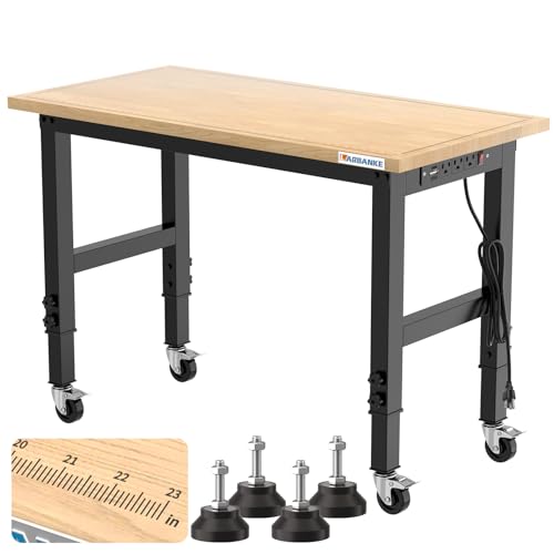 LARBANKE 48" Adjustable Workbench,Rubber Wood Workstation with Graduated Lines,Heights from 33.5” to 41.3”,2000 LBS Load Capacity Hardwood - WoodArtSupply