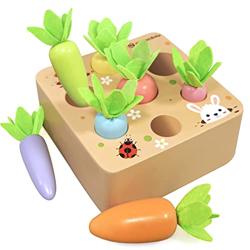 KMTJT Montessori Toys for 1 2 3 Year Old Toddlers, Macron Carrot Harvest Game Wooden Toys for Baby Boys and Girls, Educational Learning Shape Sorting