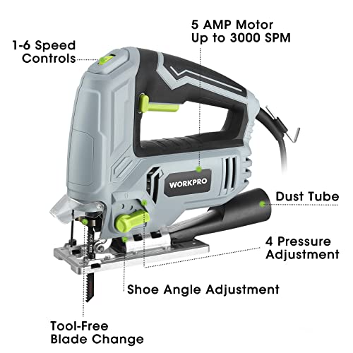 WORKPRO Jig Saw, Heavy Duty Design, 5 AMP 3000 SPM, Jigsaw Tool Corded Electric Power Cutter for Wood, Metal and Plastic Cutting, 7 Blades - WoodArtSupply