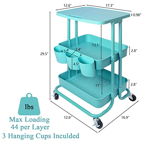 Asunflower 3 Tier Rolling Cart with Table Top, Utility Cart with Wheels, Multi-functional Storage Cart for Teal - WoodArtSupply