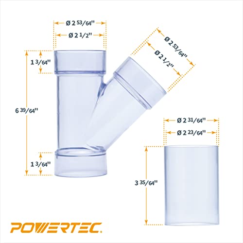 POWERTEC 70320-P2V 2-1/2" ID Y Fitting for OD Pipe or OD Connectors, with Splice for Dust Hose Connection, 2 Sets - WoodArtSupply