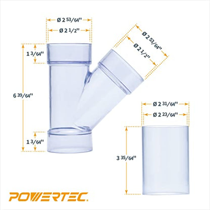 POWERTEC 70320-P2V 2-1/2" ID Y Fitting for OD Pipe or OD Connectors, with Splice for Dust Hose Connection, 2 Sets - WoodArtSupply