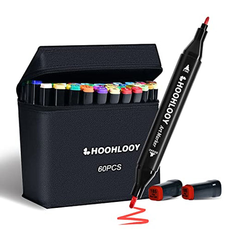HOOHLOOY 60 Colors Upgraded Alcohol Marker Set, Brush Chisel Double Head Art Marker for Artists Adult Coloring, Sketching, Painting, Comes with HOOHLOOY