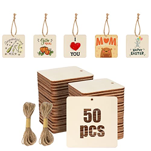 Luckforest 50 Pcs Square Wooden Tags, 3x3 Inch Unfinished Square Wood Slices Blank Square Wooden Slices with Holes, with Jute Twines for Sign Gift