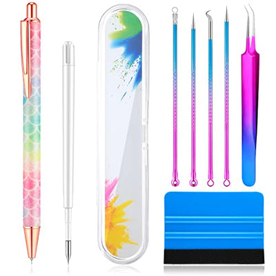 8 Pieces Pin Pen Weeding Tool Vinyl Weeding Tool with Rainbow Retractable Air Release Pen and Refill Vinyl Squeegee Vinyl Tweezers Weeders for