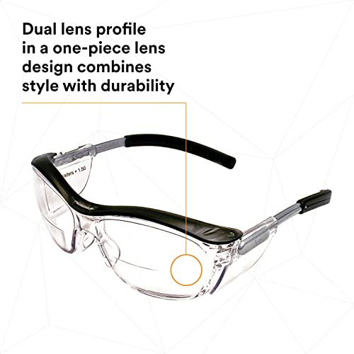 3M Safety Glasses with Readers, Nuvo Protective Eyewear, +1.5 Diopter, ANSI Z87, Clear Lens, Retro Gray Frame, Soft Nose Bridge, Side Shields 3M