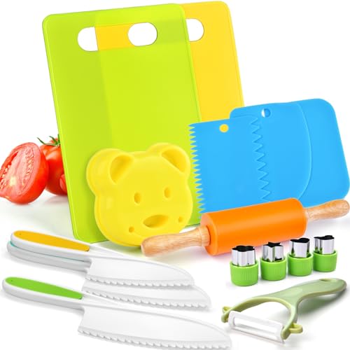 Montessori Kitchen Tools, Wulumu 15Pcs Kids Cooking Set Real Toddler Knife Set Montessori Toys Include Toddler Knives Cutting Boards Peeler Rolling Wulumu