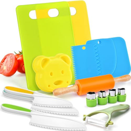 Montessori Kitchen Tools, Wulumu 15Pcs Kids Cooking Set Real Toddler Knife Set Montessori Toys Include Toddler Knives Cutting Boards Peeler Rolling Wulumu