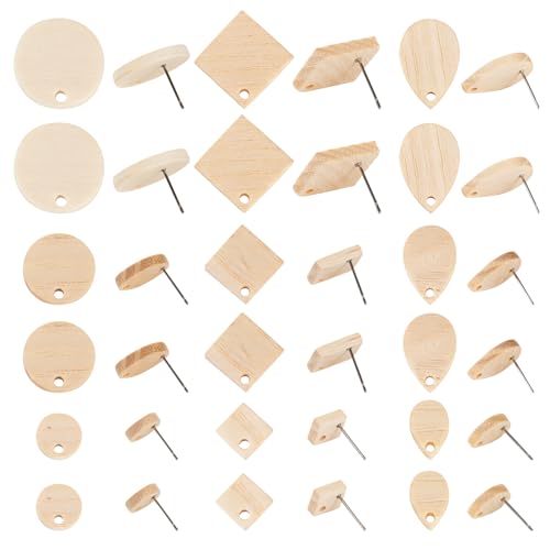 FASHEWELRY 36Pcs Wood Earring Blanks Natural Teardrop Flat Round Wood Stud Earring Findings Rhombus Wheat Color Wooden Earring Posts for Jewelry FASHEWELRY