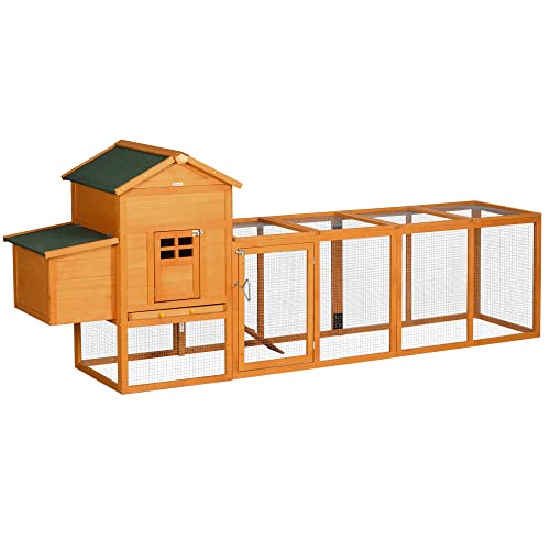 PawHut 118" Extra Large Chicken Coop with Asphalt Roof, Wooden Hen Run with Slide-Out Tray and Nesting Box, Chicken Hutch for 3-6 Chickens, Orange - WoodArtSupply