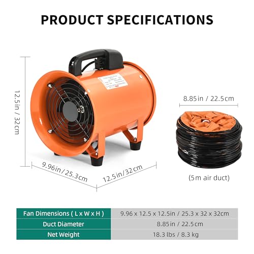 YITAHOME Exhaust Fan 8 Inch, Utility Blower Extractor Fan High Velocity, Portable Ventilation Fan with 16FT Ventilator Duct Hose for Industrial, YITAHOME