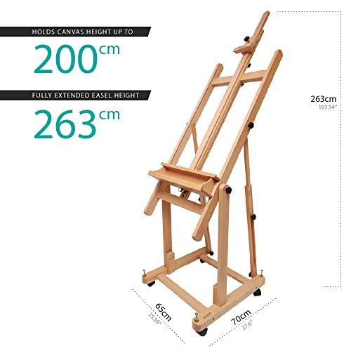 Mont Marte Tilting Studio Wooden Floor Easel. Height Adjustable Extra Large H-Frame Featuring a Large Tilt Range. Castor Wheels Allow Easy Movement - WoodArtSupply