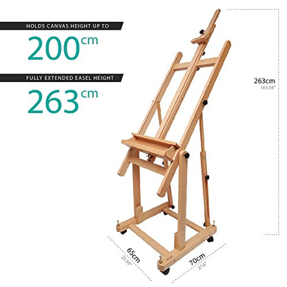 Mont Marte Tilting Studio Wooden Floor Easel. Height Adjustable Extra Large H-Frame Featuring a Large Tilt Range. Castor Wheels Allow Easy Movement - WoodArtSupply