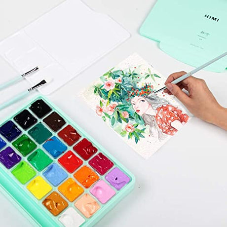 HIMI Gouache Paint Set 24 Vibrant Colors Non Toxic Paints Jelly Cup Design with Palette Paint Brushes Portable for Artist Canvas Painting Watercolor INK LAB