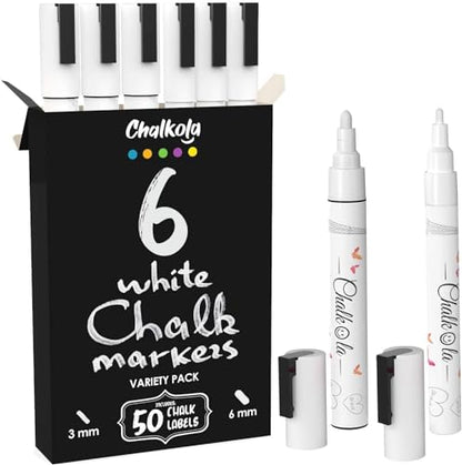 Chalkola 6 White Liquid Chalk Markers - White Dry Erase Liquid Chalk Pens for Chalkboard Signs, Blackboard, Car Window, Glass, Bistro | Variety pack - WoodArtSupply