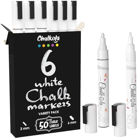 Chalkola 6 White Liquid Chalk Markers - White Dry Erase Liquid Chalk Pens for Chalkboard Signs, Blackboard, Car Window, Glass, Bistro | Variety pack Chalkola
