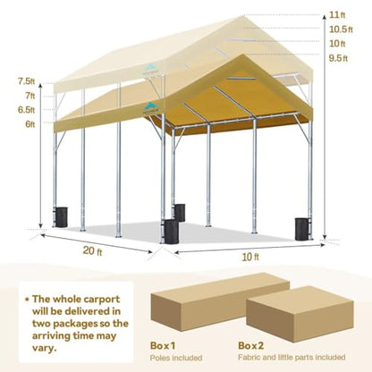 ADVANCE OUTDOOR 10x20 ft Heavy Duty Carport with Adjustable Height from 9.5ft to 11ft, Car Canopy Garage Shelter Boat Wedding Party Tent, Beige - WoodArtSupply