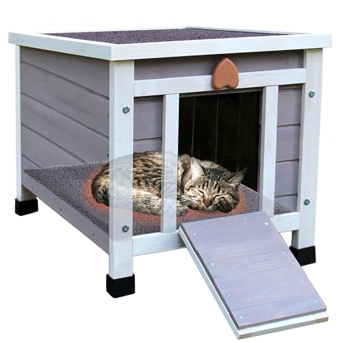 Hicaptain Cat House Outdoor, Feral Cat Shelter, Outside Rabbit Hutch Weatherproof Wooden Small Animal House and Habitats HiCaptain