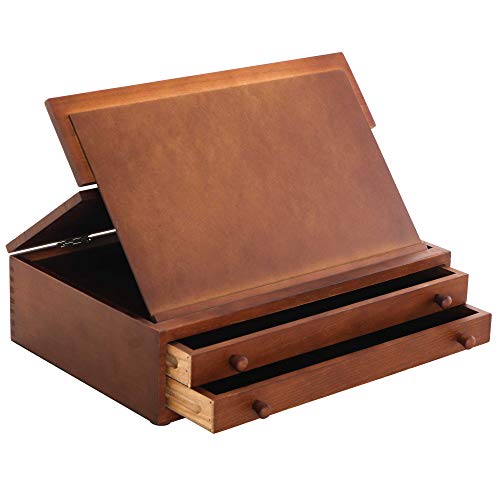 US Art Supply Walnut 2-Drawer Adjustable Wooden Storage Box with Fold Up Solid Drawing Easel US Art Supply