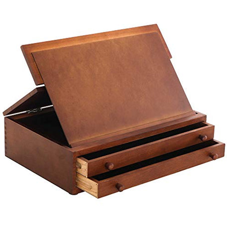 US Art Supply Walnut 2-Drawer Adjustable Wooden Storage Box with Fold Up Solid Drawing Easel US Art Supply