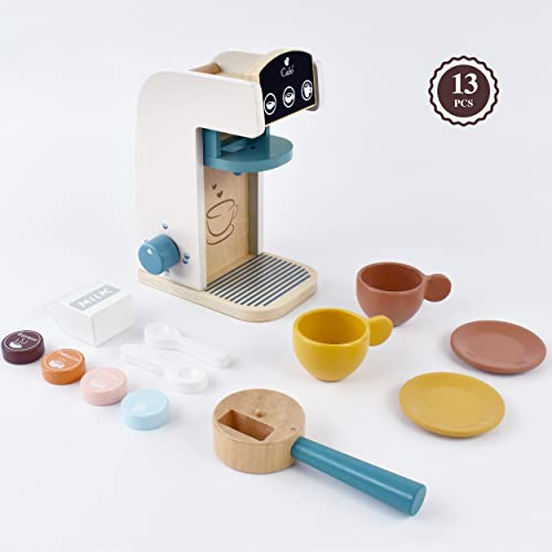 PairPear Kids Wooden Toys Coffee Maker Toy Espresso Machine Playset - Toddler Play Kitchen Accessories Gift for Girls and Boys PairPear