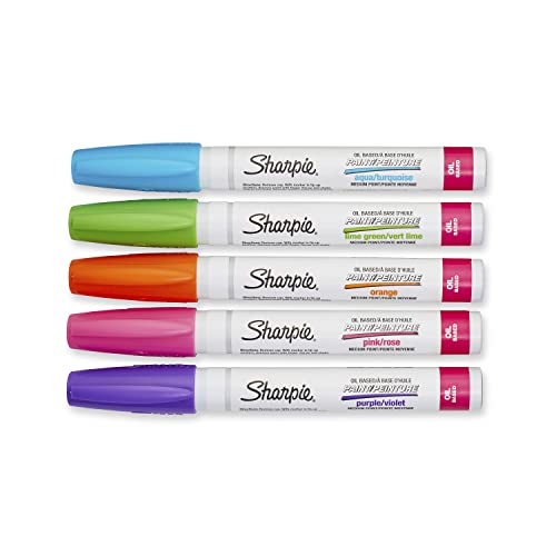 SHARPIE Oil-Based Paint Markers, Medium Point, Bright Colors, 5 Count - Great for Rock Painting - WoodArtSupply