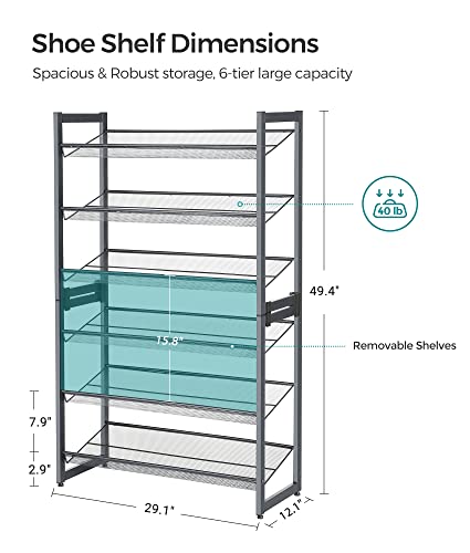 SONGMICS 6-Tier Shoe Rack Storage, Metal Shoe Organizer Stand for Garage, Entryway, Set of 2 3-Tier Stackable Shoe Rack Shelf, with Adjustable Flat SONGMICS