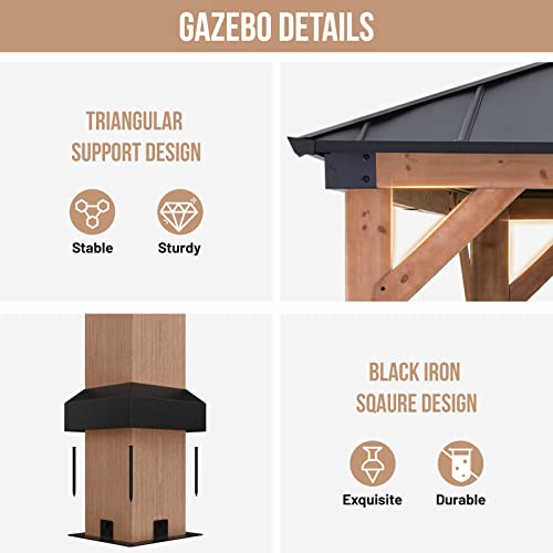 ABCCANOPY Wood Gazebo 11x13 - Outdoor Patio Wooden Gazebo with Hardtop Metal Double Roof for Garden, Backyard and Deck - WoodArtSupply