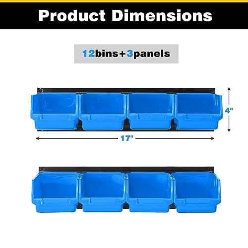 Ultrawall 12 PCS Bins & 3 Rails, Plastic Hanging Storage Organizer Bins, Wall mounted Garage Tool Storage Systerm, 12x bins(6.3inch X 3.2inch X Ultrawall